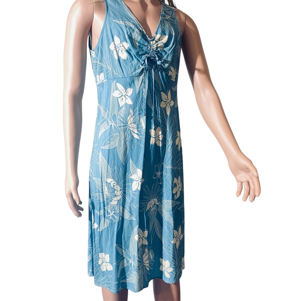 Hilo Hattie Hawaiian Original Blue Floral Rayon Midi Sundress V-Neck Womens L